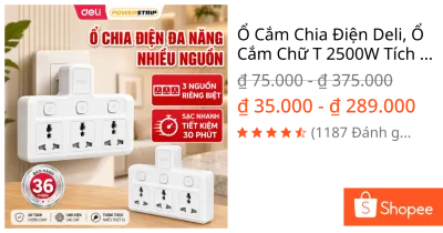 Ổ Cắm Chia Điện Deli, Ổ Cắm Chữ T 2500W Tích Hợp Cổng USB &TypeC Cải Tiến Sạc Nhanh Tiện Lợi