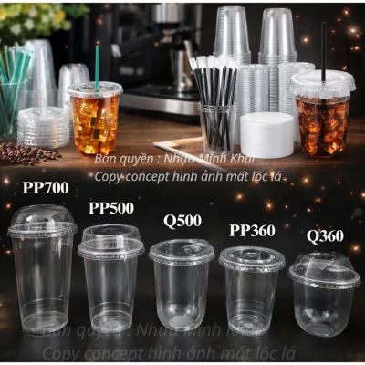 Set 50 cốc nhựa dùng một lần 360ml 500ml 700ml kèm nắp các loại đựng cafe, trà sữa