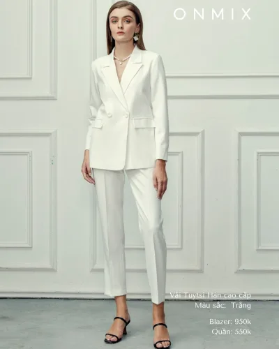 Set áo Blazer nữ 2 khuy tay dài + quần tây ống xuông ONMIX, chất liệu vải Tweed trắng trơn cao cấp