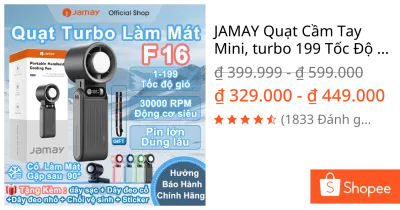 JAMAY Quạt Cầm Tay Mini, turbo 199 Tốc Độ Gió Siêu Mạnh, Pin 10000mAh, Quạt Sò Lạnh, Gập Gọn 135 Độ, Tặng dây đeo F16 D