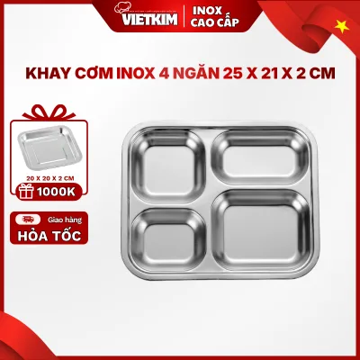 Khay cơm inox 4 ngăn 25 x 21 x 2cm Việt Kim sáng bóng, bền đẹp, dễ vệ sinh, tiện lợi dùng gia đình, trường học
