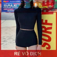 Bikini 2 Mảnh Đen Trơn Tay Dài Kèm Quần Đùi Kín Đáo Đồ Bơi Thể Thao Nữ Đơn Giản Cá Tính - OS147