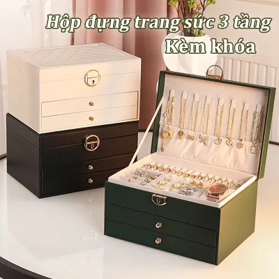 Hộp đựng trang sức 3 tầng, bọc da vân nổi, đa ngăn, hộp đựng nữ trang