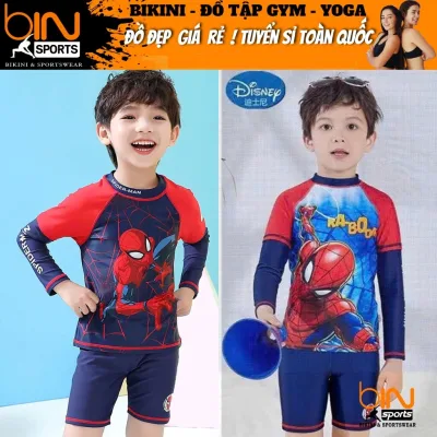 Đồ bơi bé trai 2 mảnh áo phủ bụng dài tay kín đáo, quần đùi họa tiết nhiều màu đủ size từ 20kg đến 48kg BINSPORTS BB128