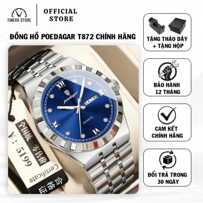 Đồng hồ nam POEDAGAR T872 Chính Hãng Thời Trang Nam Thép Không Gỉ Chống Thấm Nước Ngày Dạ Quang Lịch Đồng Hồ Thạch Anh