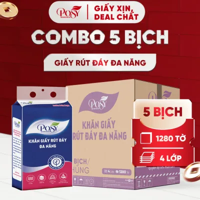 POSY - COMBO ĐA NĂNG THÙNG 5 BỊCH GIẤY RÚT POSY ĐA NĂNG 1280 TỜ 4 LỚP SIÊU TIẾT KIỆM TẶNG KÈM MÓC