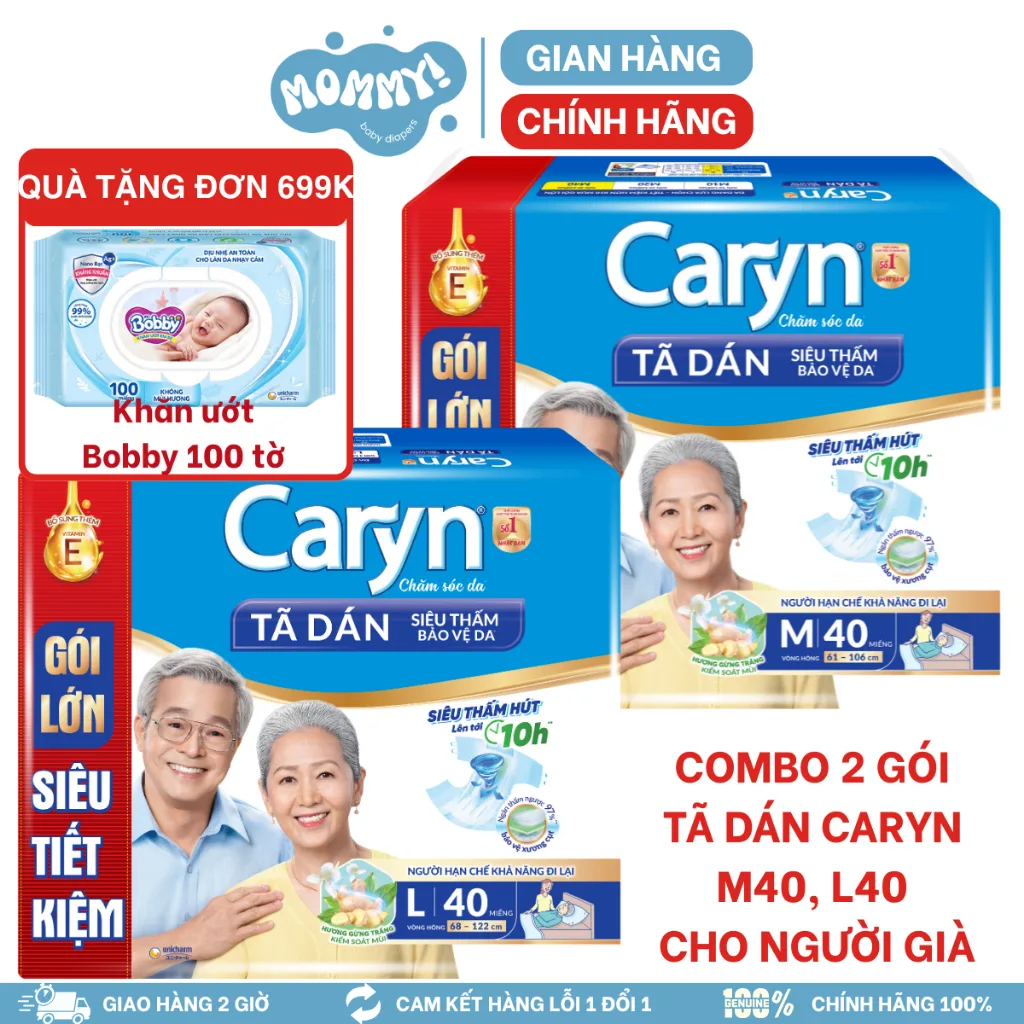 (Tặng khăn ướt) [COMBO 2 GÓI] Tã Bỉm Dán Caryn siêu thấm Size M40, L40 miếng