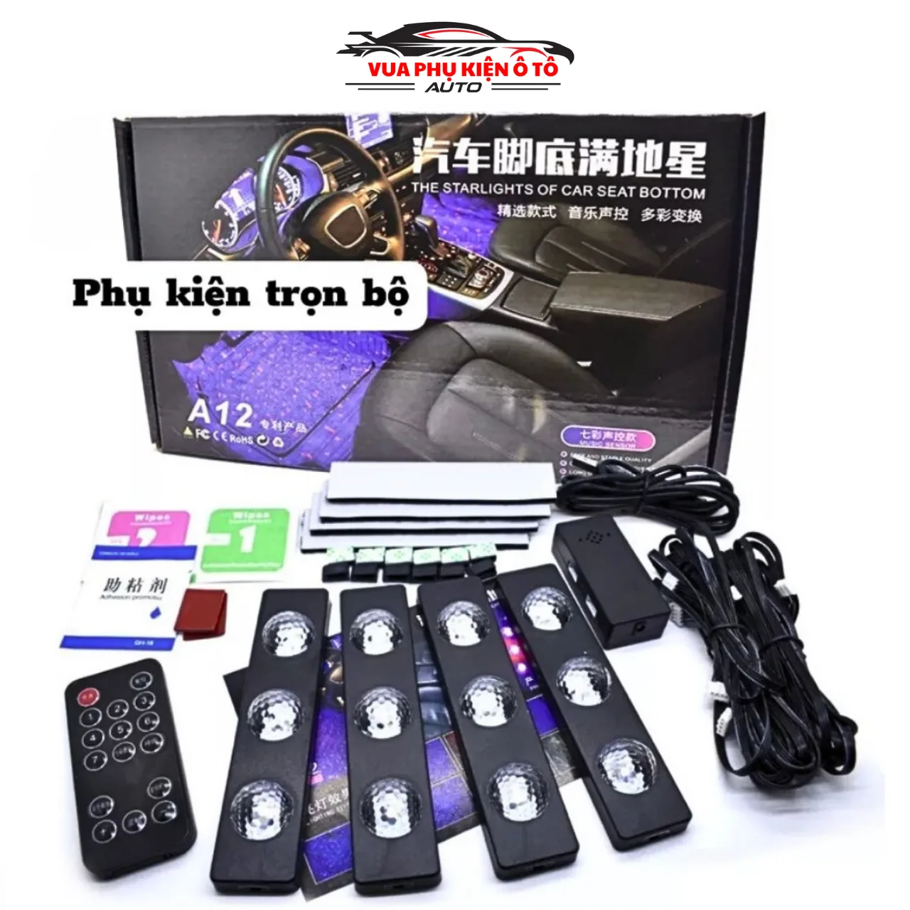 Đèn LED trang trí nội thất xe hơi 7 chế độ sáng, Đèn LED gầm ghế ô tô cảm biến theo nhịp nhạc theo nhạc , có điều khiển từ xa
