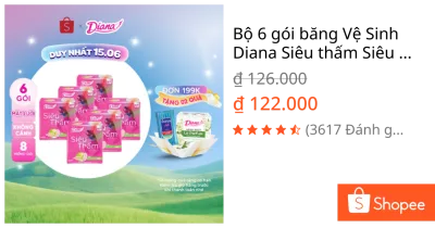 Bộ 6 gói băng Vệ Sinh Diana Siêu thấm Siêu mỏng không cánh (Gói 8 Miếng)