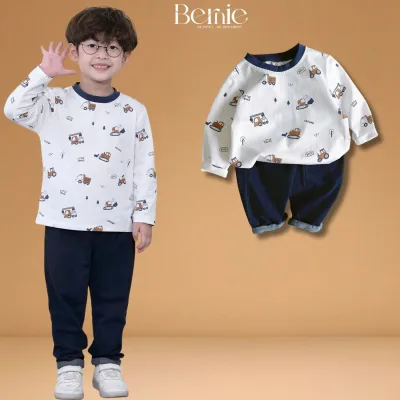 Set of Boys' Long-Sleeved T-Shirts with Crane Truck Print and Long Pants 9 to 28kg Bernie H0725B43