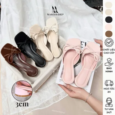 Guốc nữ nơ 3cm mũi vuông chất satin sang chảnh, dép nữ có gót phong cách tiểu thư - JENA | MAIGIAYDEP