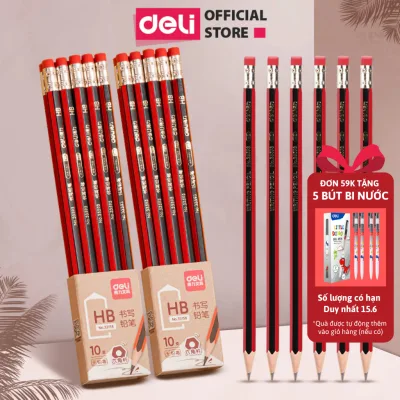 Vỉ 10 bút chì lục giác Deli 2B/HB kèm đầu tẩy - Bút chì viết chất liệu gỗ an toàn dễ gọt phù hợp với học sinh văn phòng