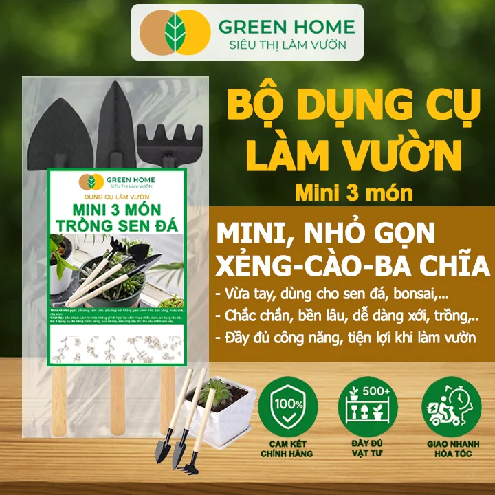 Dụng Cụ Làm Vườn Greenhome, 3 Món Gồm Xẻng Xúc Đất, Cào , Mini, Cán Gỗ, Tiện Lợi, Dễ Sử Dụng, Trồng Sen Đá, Tiểu Cảnh