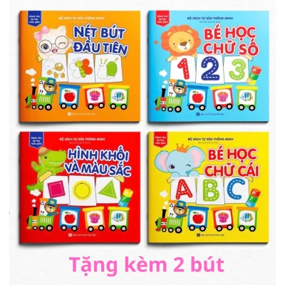 Sách - Bộ 4 Cuốn Sách Tự Xóa Thông Minh: Chữ Cái-Chữ Số-Hình Khối và Màu Sắc(cho bé học mẫu giáo)- Tặng kèm 02 bút
