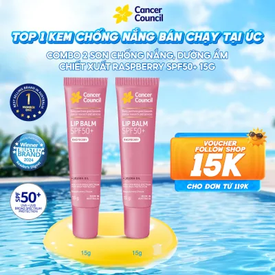 Combo of 2 Cancer Council Lip Balm Raspberry Spf50+ 15g Helps Moisturize Lips, Makes Lips Soft and Protects Lips from the Harmful Effects of Uva, Uvb and Sunlight, with Color from Raspberry Extract
