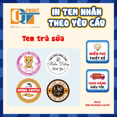 In tem nhãn dán, sticker chống nước thiết kế cắt bế theo yêu cầu chuyên dán hộp trà sữa.