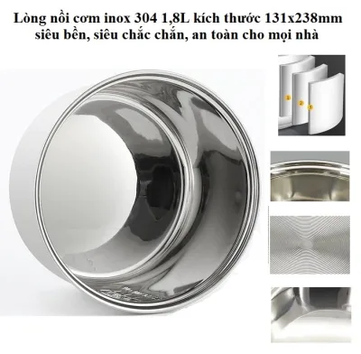 Lòng nồi cơm điện inox 304 - Lõi nồi cơm điện, ruột nồi cơm inox 1,8L 131x238mm an toàn cho sức khỏe