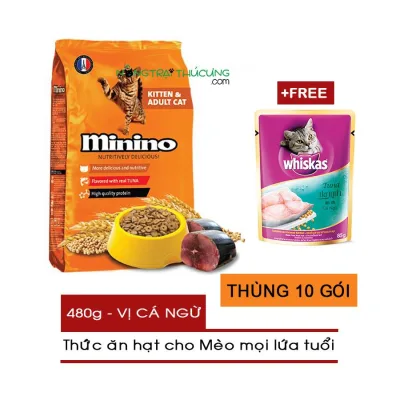 Thức ăn hạt cho Mèo mọi lứa tuổi Minino gói 480g - Vị Cá Ngừ - Tặng 01 gói Sốt/ Pate Whiskas 85gr - [Nông Trại Thú Cưng]