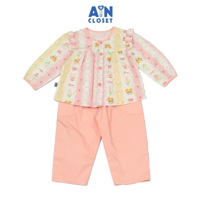 Bộ quần áo Dài bé gái họa tiết Gấu Thỏ Hồng Cotton - AICDBGPPHXWM - AIN Closet