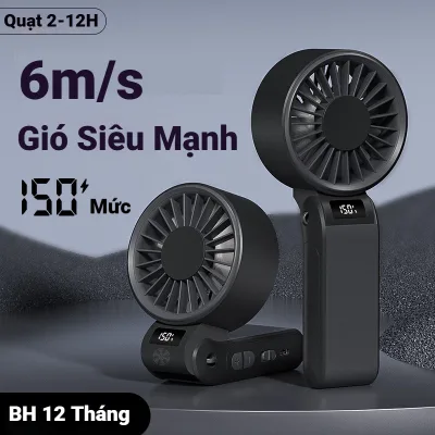 Quạt Mini Cầm Tay Tích Điện, Gió Siêu Mạnh 150 Mức, 6m/s, Màn LED, Gập Gọn, Dây Đeo, BH 12 Tháng