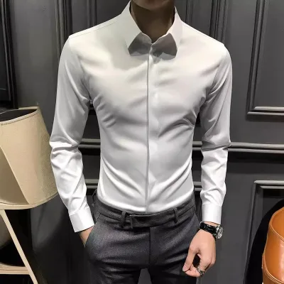 Phong Cách Mới Nam Thời Trang Áo Sơ Mi Dài Tay Phiên Bản Hàn Quốc Công Sở Nút Ẩn Áo Sơ Mi Hợp Thời Trang Slim-fit Hợp Thời Trang Trang Trang Phục Trang Trọng Không Viền Inch