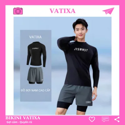 Đồ bơi nam đi biển màu đen áo dài tay - quần bơi nam 2 lớp kín đáo dáng thể thao năng động VATIXA BKN166