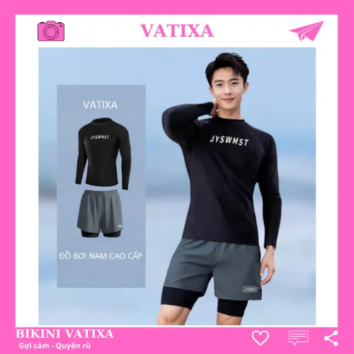 Đồ bơi nam đi biển màu đen áo dài tay - quần bơi nam 2 lớp kín đáo dáng thể thao năng động VATIXA BKN166