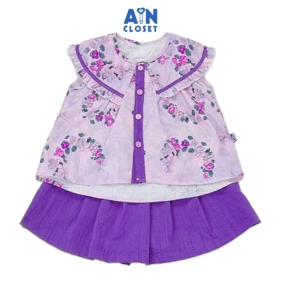 Bộ quần áo Ngắn bé gái họa tiết hoa Chuỗi Ngọc tím cotton - AICDBGD2VN32 - AIN Closet