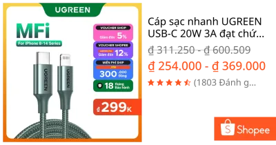 Cáp sạc nhanh UGREEN USB-C 20W 3A đạt chứng nhận MFI thích hợp cho iPhone 12 13 14 Plus 14 Pro Max iPad Pro Airpod Pro
