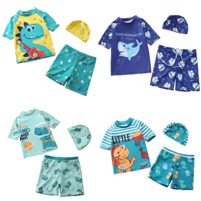 Đồ bơi cho bé trai dáng rời kèm mũ in 3D 2 mặt size 10-30kg, bikini cho bé trai hoạ tiết hoạt hình, đồ bơi cho bé