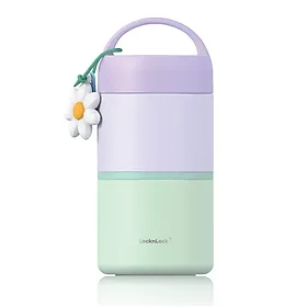 Bộ hộp cơm giữ nhiệt 2 tầng LocknLock New Tower Vacuum Lunch Box LHC8055VOL thép không gỉ 304 kèm muỗng và họa tiết trang trí
