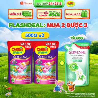 Combo 2 Túi Sữa Tắm Gội Carrie Junior Cho Bé Hương trái cây thiên nhiên Cheeky Cherry (500g x 2)