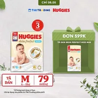 Tã/bỉm dán sơ sinh Huggies Skin Perfect M 76+3 miếng với 2 vùng thấm giảm kích ứng da