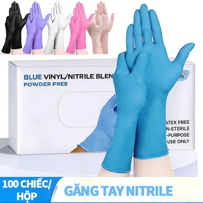 Găng tay Xanh Lam cao su không bột 1 hộp/100,Bột Có Nhám Ngón,Siêu Dai & An Toàn Cho Da,Xanh/Đen/Trắng/Tím/Hồng/PVC
