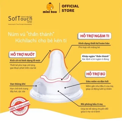 Núm Ti Kichilachi Siêu Mềm Cổ Rộng, Cổ Hẹp Plus Thế Hệ 3, Khớp Ngậm Thần Thánh Cho Bé Kén Ti-MINIBOO