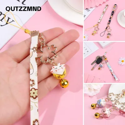 QUTZZMND Chuông mèo may mắn Sakura phong cách Nhật Bản, dây đeo điện thoại