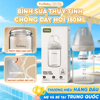 Bình sữa thủy tinh cổ rộng Yunbaby 180ml, núm ti siêu mềm mô phỏng tự nhiên, không chứ BPA an toàn cho bé