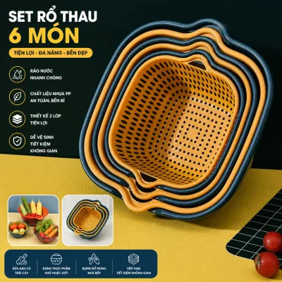 Combo set 6 món rổ nhựa TRÒN VUÔNG đựng đồ ráo nước, bộ rổ nhựa kèm chậu, set rổ nhựa 6 món 5 lớp bền bỉ chắc chắn - giao màu ngẫu nhiên