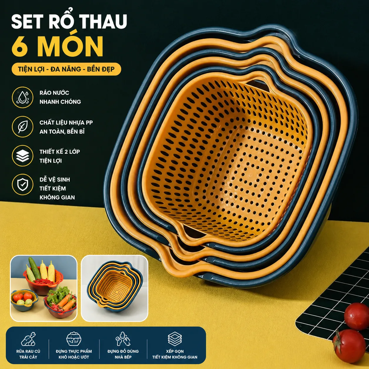Combo set 6 món rổ nhựa TRÒN VUÔNG đựng đồ ráo nước, bộ rổ nhựa kèm chậu, set rổ nhựa 6 món 5 lớp bền bỉ chắc chắn - giao màu ngẫu nhiên
