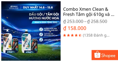 Combo Xmen Clean & Fresh Tắm gội 610g và Tắm gội Coffee 150g