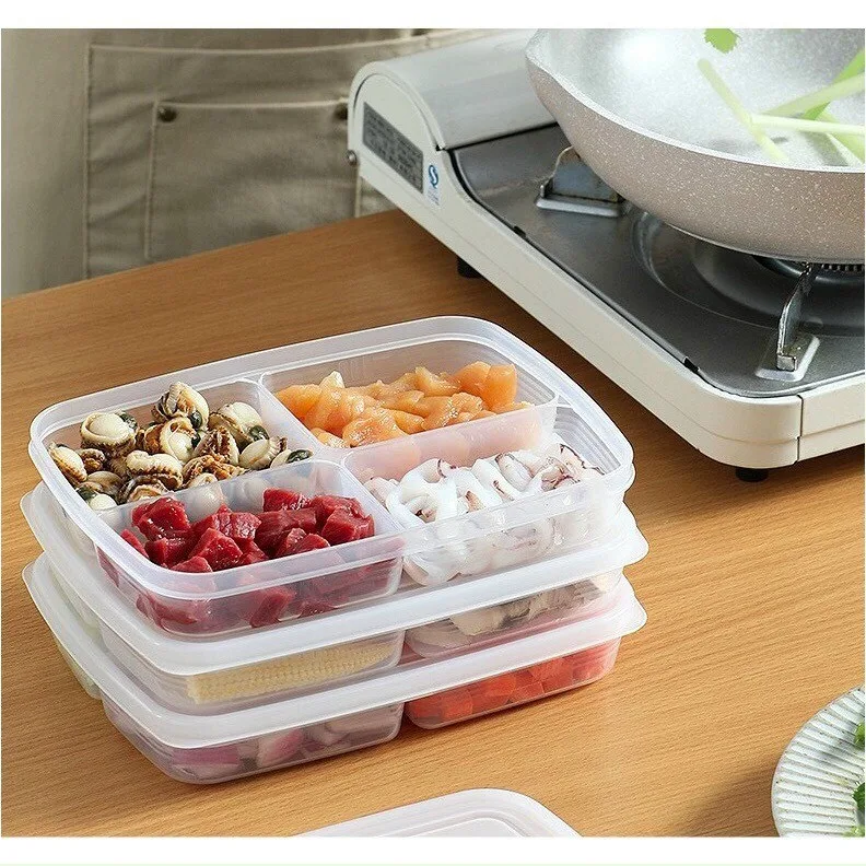 Combo 2 Hộp nhựa chia ngăn đựng thức ăn chữ nhật 4 ngăn cao cấp naki, có nắp đậy kín, hộp đựng thức ăn cho bé ăn dặm