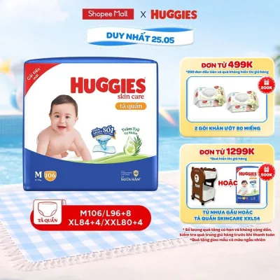 Tã quần Huggies Skincare Mega Jumbo M106/L96+8/XL84+4/XXL76+4 với tràm trà dịu da
