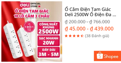 Ổ Cắm Điện Tam Giác Deli 2500W Ổ Điện Đa Năng Nhiều Lỗ Cắm Tích Hợp 2 USB + 2 Type C Đầu Sạc Nhanh 20W Dây 3m/5m
