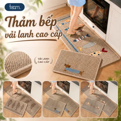 Bộ 2 Thảm Nhà Bếp Vải Lanh Cao Cấp Thấm Nước Thấm Dầu, Thảm Dệt Chống Trượt Dễ Vệ Sinh Có Thể Giặt Máy