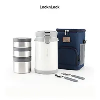 Bộ Hộp Cơm Giữ Nhiệt Lock&amp;Lock Easy Carry 2L LHC8039WHT Có Túi (1 Hộp 720ml, 2 Hộp 420ml Kèm 1 Bộ Muỗng Và Nĩa) Màu