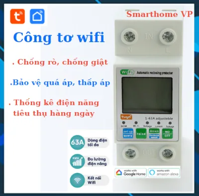 Công tơ tổng 63A wifi tuya thông minh, đo điện năng tiêu thụ, chống rò, chống giật bật tắt từ xa qua điện thoại