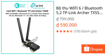 Bộ thu WIFI 6 / Bluetooth 5.2 TP-Link Archer TX55E | Chuẩn PCIe | Hỗ trợ windows 11/10 | Bảo hành 2 năm