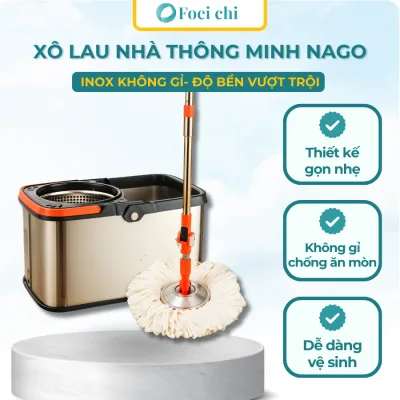 Bộ Xô Lau Nhà Inox Chống Gỉ NAGO 43x25x24cm Kèm Bông Lau - Thiết Kế Gọn Nhẹ, Dễ Vệ Sinh, Chống Ăn Mòn
