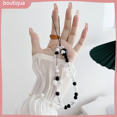 Chống Mất Chống Rơi Vỏ Điện Thoại Mặt Dây Chuyền Đen Trắng Đính Hạt Dây Điện Thoại Chữ Trái Tim Dây Điện Thoại-BA