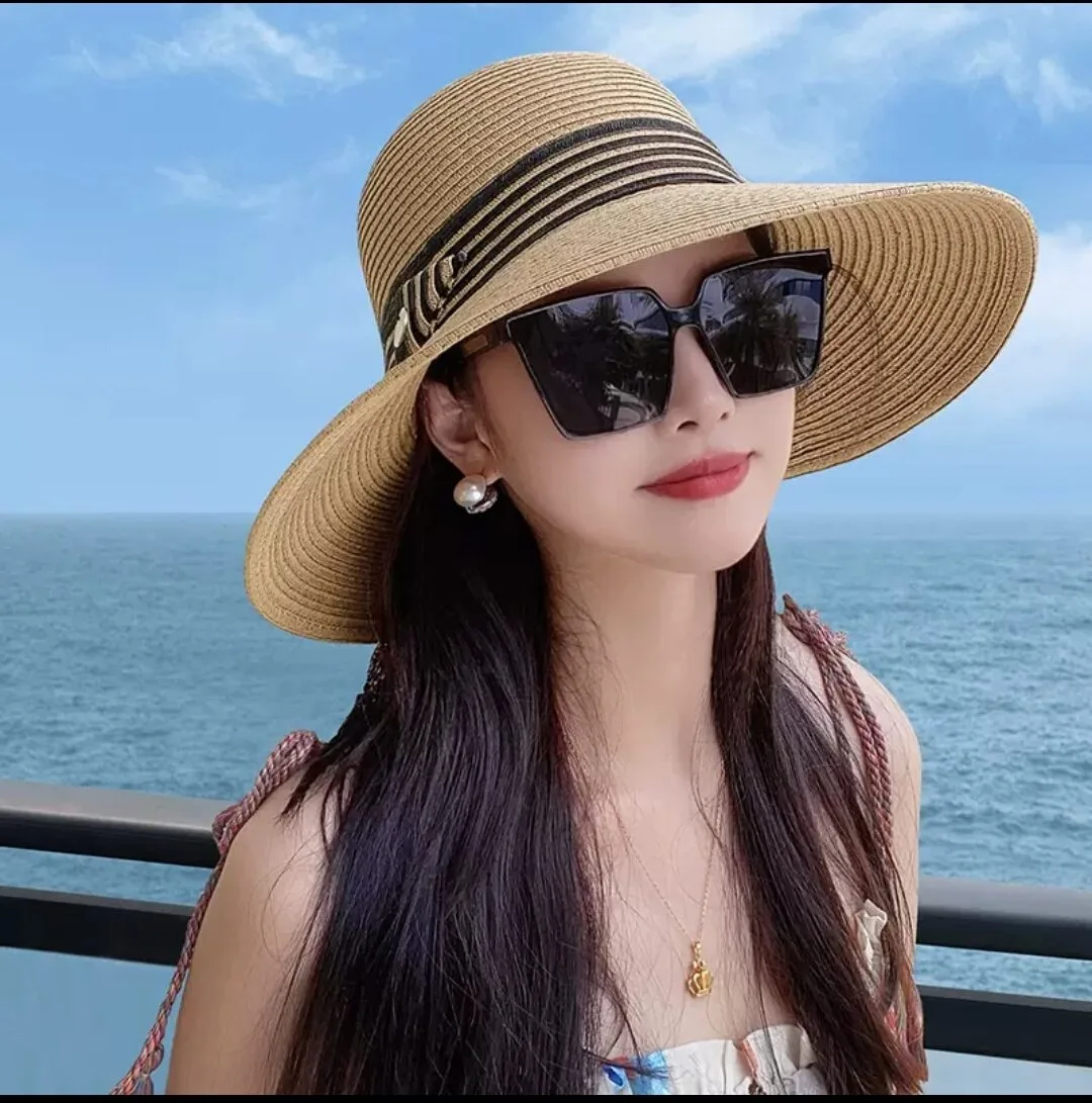 Nón Rộng Vành Đi Du Lịch Biển Mũ Rộng Nữ Chất Liệu Cói Thoáng Mát Viền Sọc Thời Trang Mới Cho Nữ